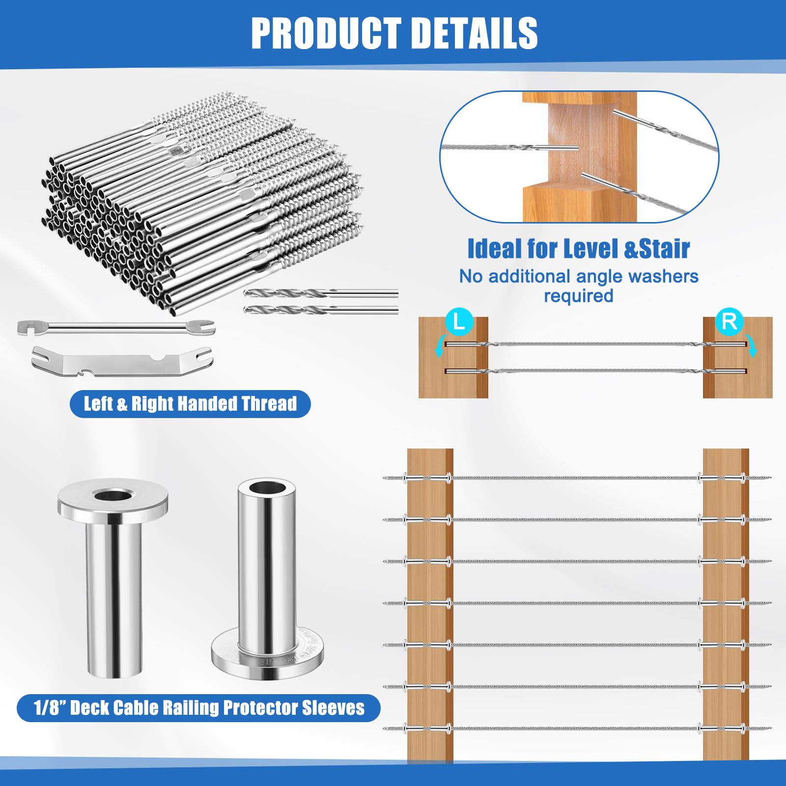 Blulu Confezione da 200 pezzi da 1/8" kit hardware per ringhiere per cavi e manicotti protettivi in acciaio inossidabile T316 per mancini e destrorsi, viti di ritardo per ponte, sistema di ringhiere