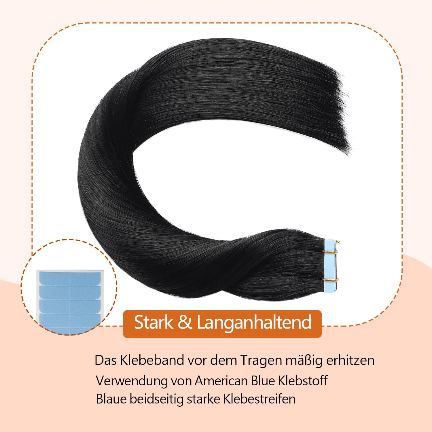 Sunya Extension adesive in capelli veri, colore nero profondo, con nastro adesivo, invisibili, setosi, lisce, 60 cm, 20 pezzi, 50 g/confezione