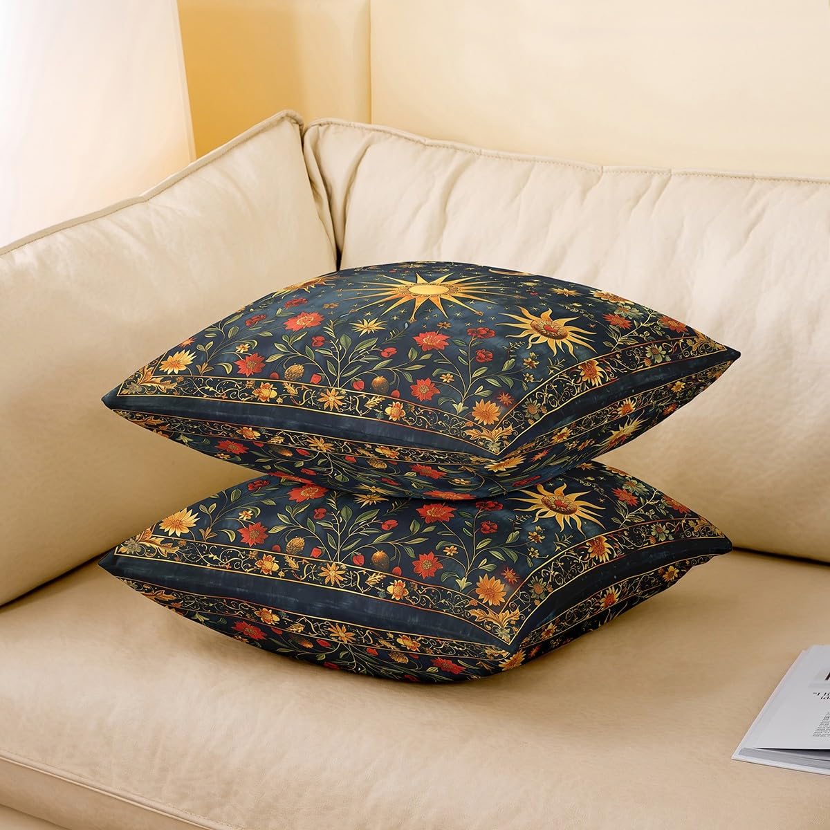 Castle Fairy Sun Moon Throw Pillow Covers Set of 2 Boho Exotic Style Cushion Covers for Couch Sofa Rustic Style Flowers Decorative Pillowcases Navy Gold Outdoor Pillows Covers,24"x24"