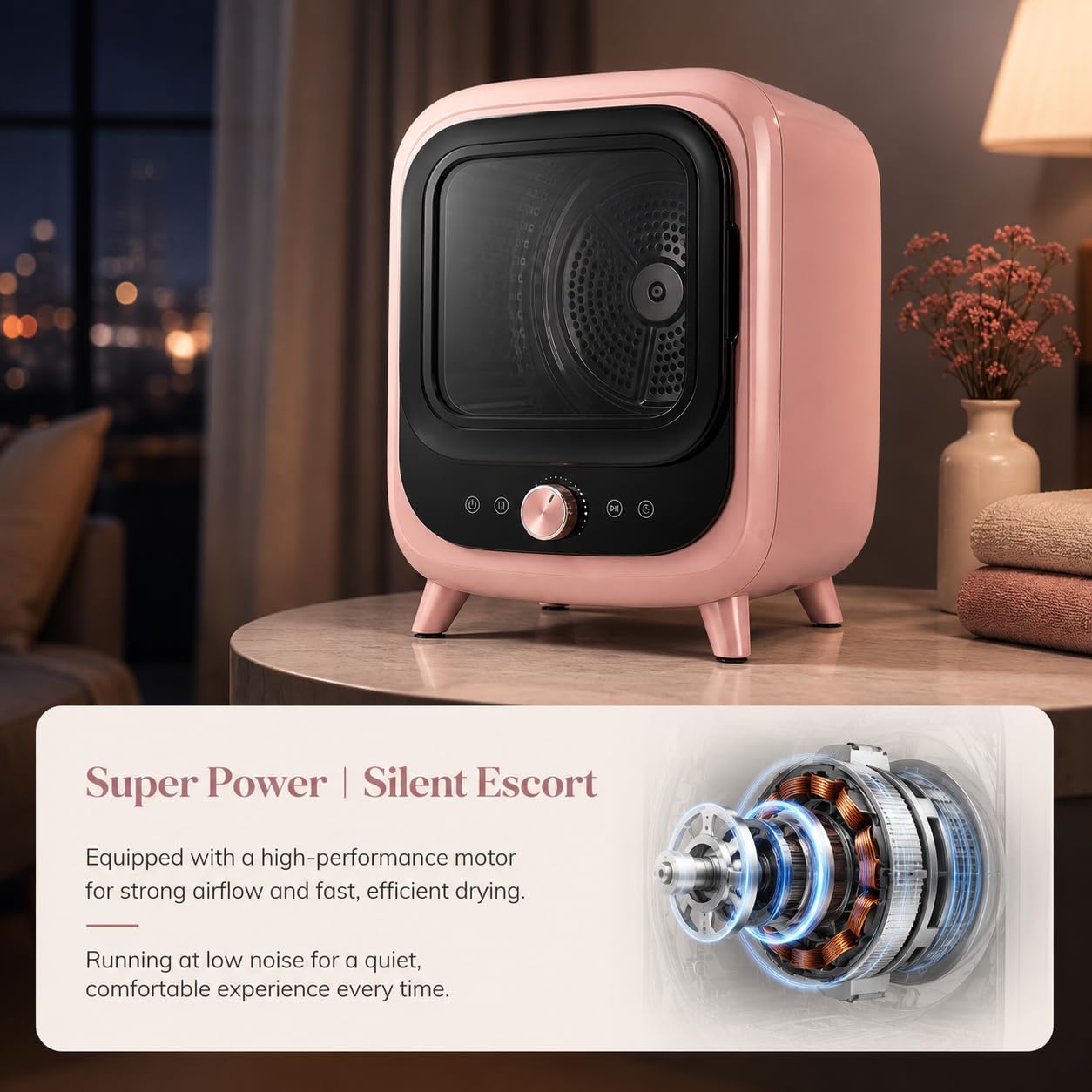 Mini 0.8 kg belüfteter Wäschetrockner, 450 W, 4 Programme, Pink | Edelstahltrommel, 35 dB Betrieb, Heiß- und Kalttrocknung, Timer-Steuerung und transparente Frontladertür