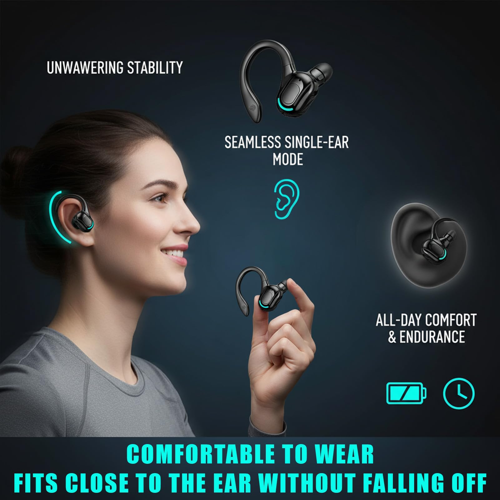 Auricolare mono Bluetooth wireless, durata della batteria di 20 ore, kit vivavoce V5.2 con microfono con cancellazione del rumore per Android, PC, ufficio, sport, auricolare rotante a 360°