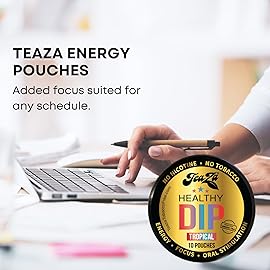 TeaZA Energy Pouches - Nicotine Free, Smokeless Alternative Snuff and Healthy Chewing Dipping with Fruit Flavors Pineapple Mango Citrus (Tropical - 12 Pack)