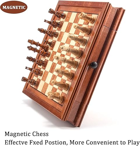 Miniatura 5 de AMEROUS Juego de ajedrez magnético de madera de 12.5 x 12.5 pulgadas, juego de mesa de ajedrez con 2 cajones de almacenamiento integrados, 2 reinas