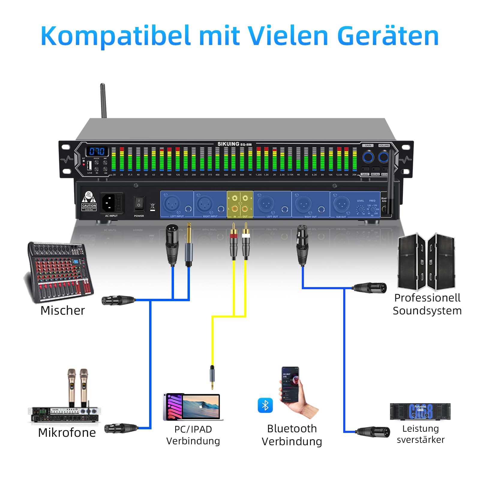 31-Band Digital Equalizer,LED-Musikspektrumanzeige,Stereo Dual-Channel mit 10 voreingestellten Modi,Bluetooth & USB,Noise-Canceling Funktion,Ideal für Zuhause,Partys und Bühnenauftritte EQ556