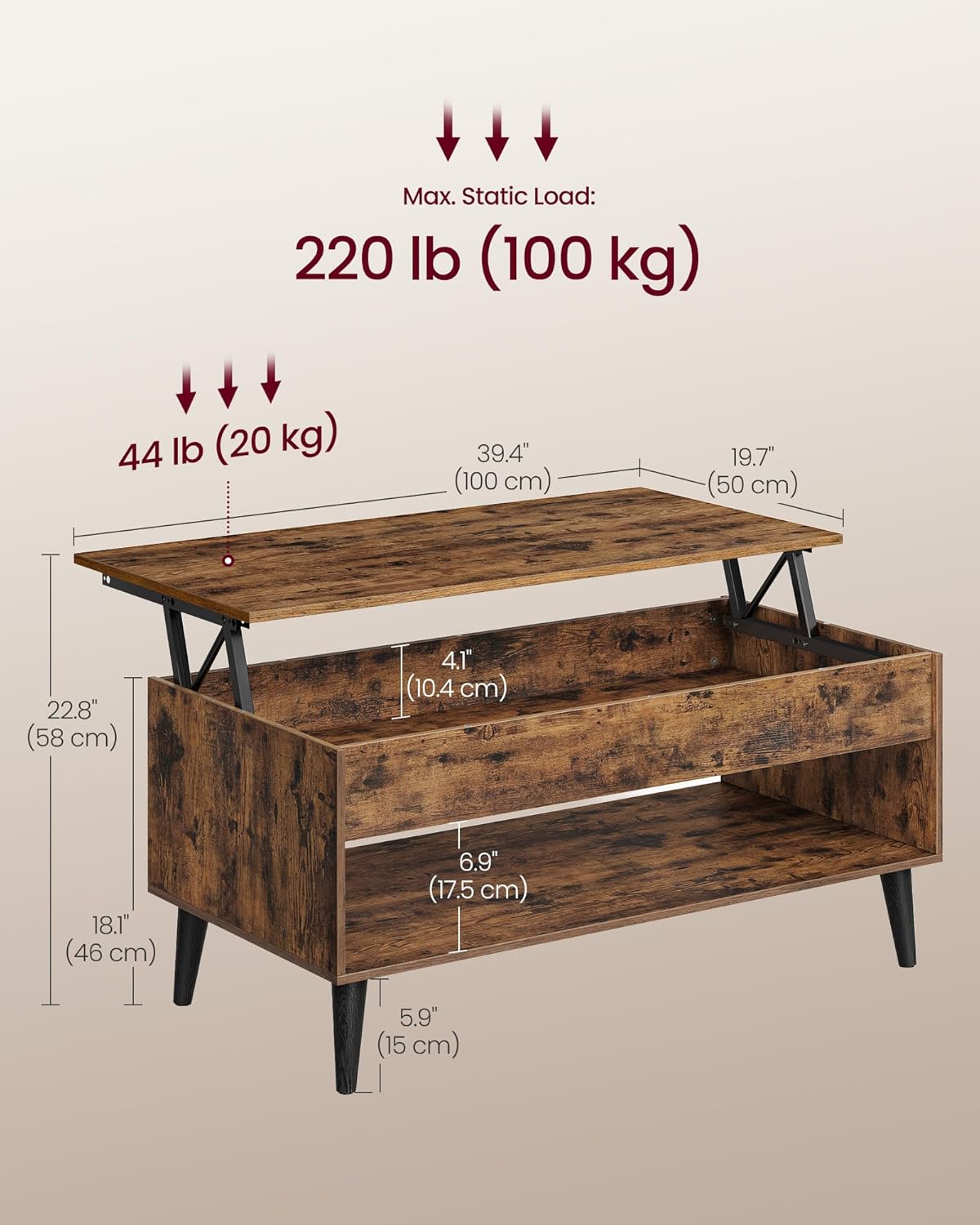 VASAGLE Lift Top Coffee Table, Lift Tabletop Dining Table, Gas Spring, Hidden Compartment, Open Storage Shelf, for Living Room, Home Office, Rustic Brown ULCT268KD01S