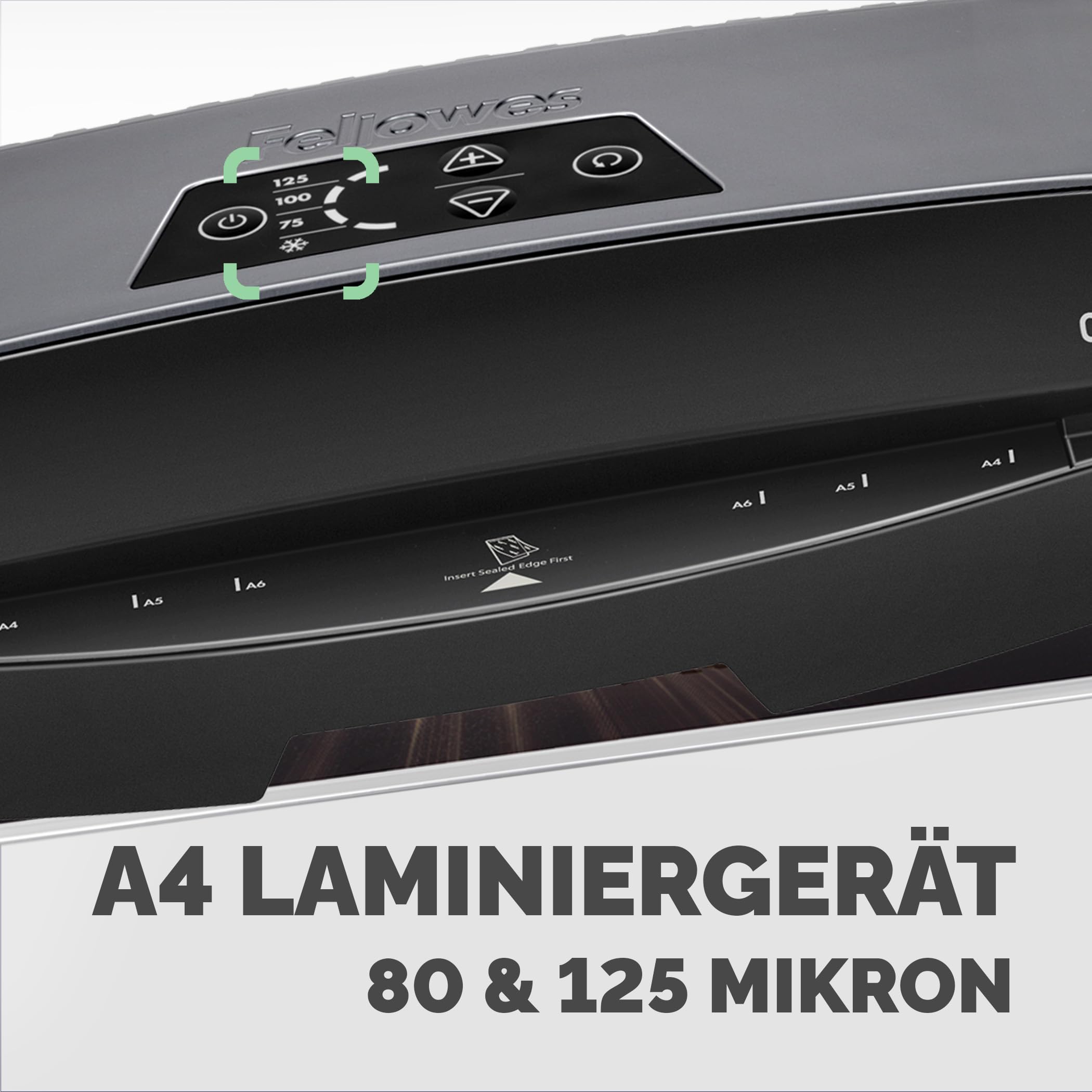 Fellowes Calibre A4 Laminiergerät für 80-125 Micron Folien, 60 Sek. Aufwärmzeit, staufreies Laminieren, inkl. 10 gratis A4 Folien, schwarz/grau