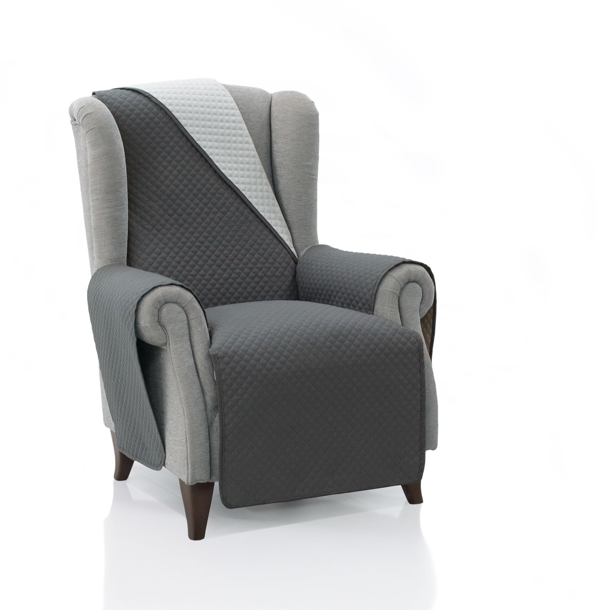 Cubre Sillón Acolchado 1 Plaza - 55 cm (Asiento) | Modelo REQUENA | Gris OSC-Gris Claro Reversible | Protector Compatible con Sillones Relax y Orejero | Loneta Lavable | Fabricado en España