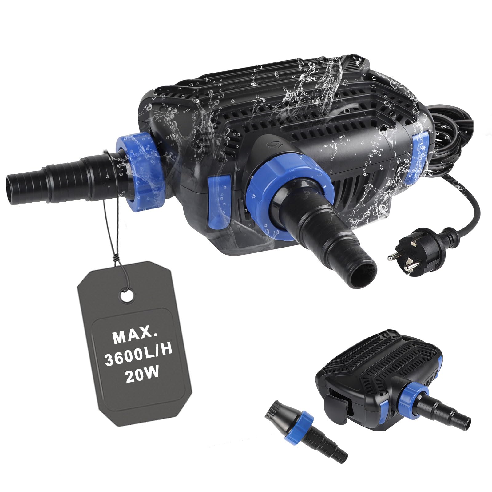 EXLECO Eco Pompa Filtrująca Stawu 20 W, 36 000 l/h, Energooszczędna, z Filtrem Oczka Wodnego, Kabel 10 m, Obiegowa Zewnętrzna, Wodospad