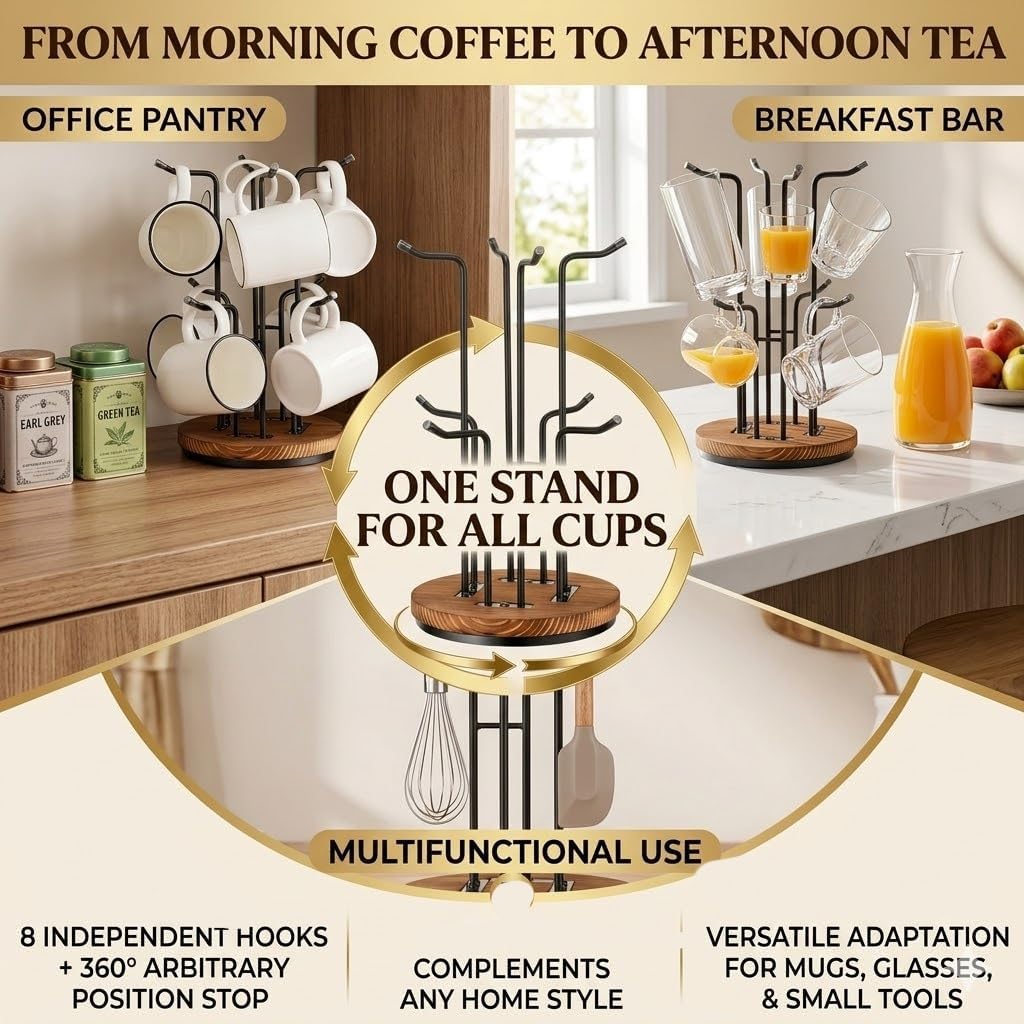 360° Rotating Mug Tree for Countertop, Large Coffee Mug Tree with 8 Hooks, Sturdy Cup Holder Stand, Space-Saving Cup Tree Rack, 13" x 7.3" x 7.3" Organizer for Kitchen Coffee Bar Display
