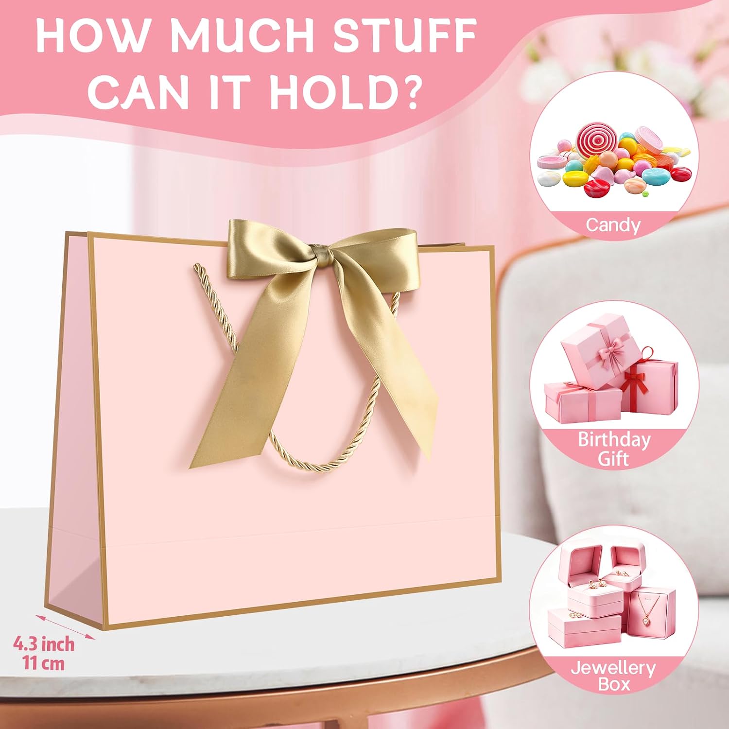 JMANNI Pink Gift Bags with Handles, 13" Medium Gift Bags with Tissue Paper image 5