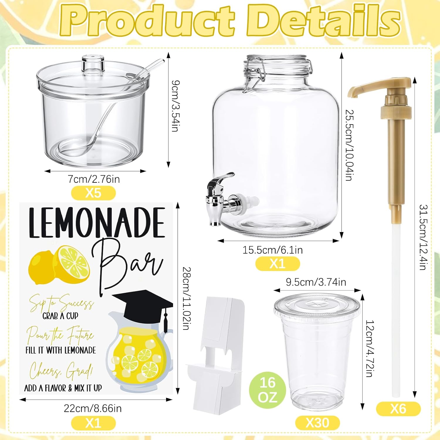 43 Pcs 2026 Graduation Freshly Lemonade Stand Complete Accessories Kit Lemon Bar Sign Class of 2026 Jar Drink Station Glass Beverage Dispenser Plastic Cup Jam Pump Head Party Decorations