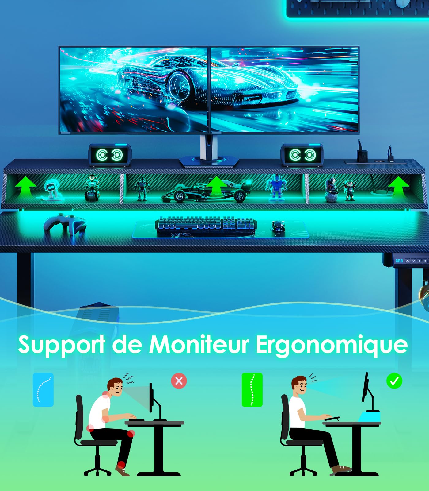 OffiGo Bureau Gaming Assis Debout avec LED RGB et Prises, 140×60 cm, Noir