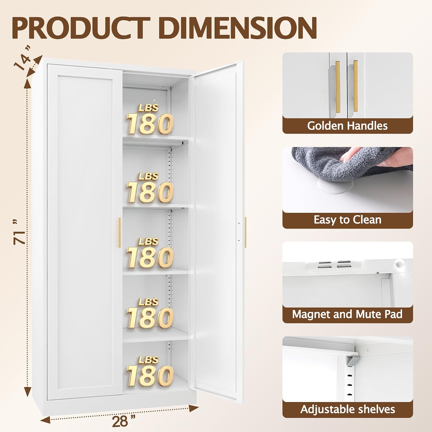 Kitchen Pantry Cabinet, 71”H Metal Storage Cabinet with Doors and 4 Adjustable Shelves, White Pantry Cabinets for Kitchen, Living Room, Dining Room and Bathroom