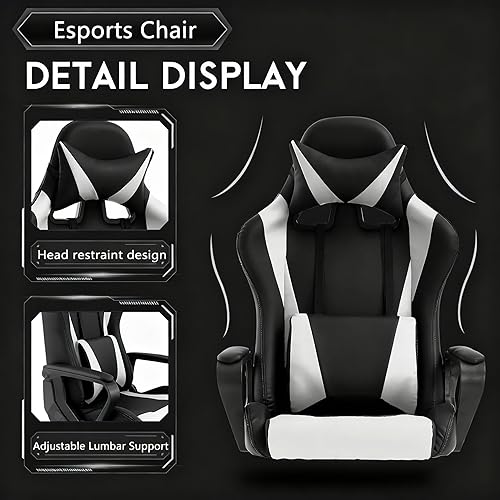 Miniatura 4 de Silla de juegos Blanca, sillas ergonómicas de videojuegos de respaldo alto estilo carreras con soporte lumbar, reposacabezas y brazos, silla de