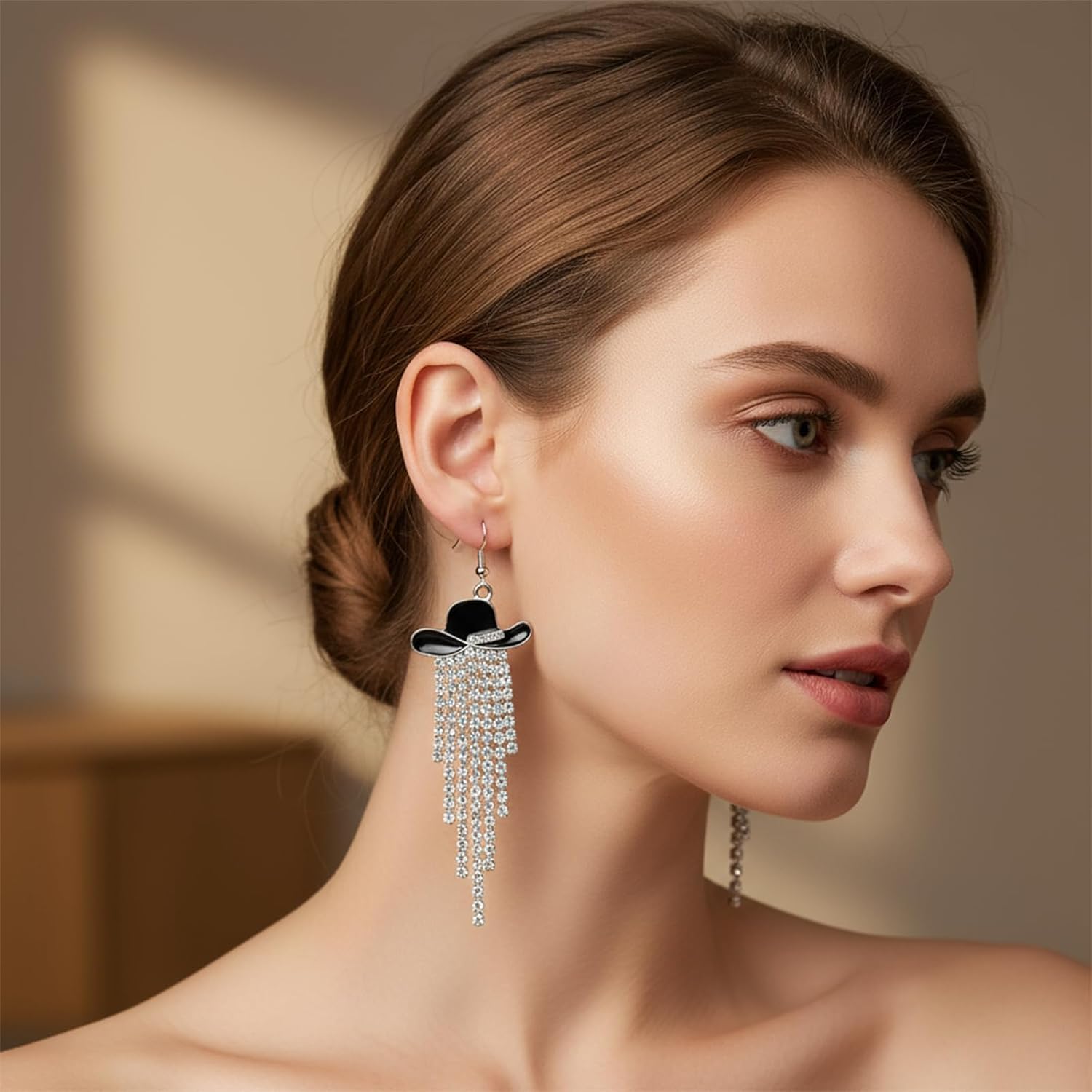 1Pair Cowgirl Dangle Earrings for Women, Western Rhinestone Tassel Drop Prom Jewelry, Sparkly Country Concert Rodeo Cowboy Outfit Accessories Gift - Image 4