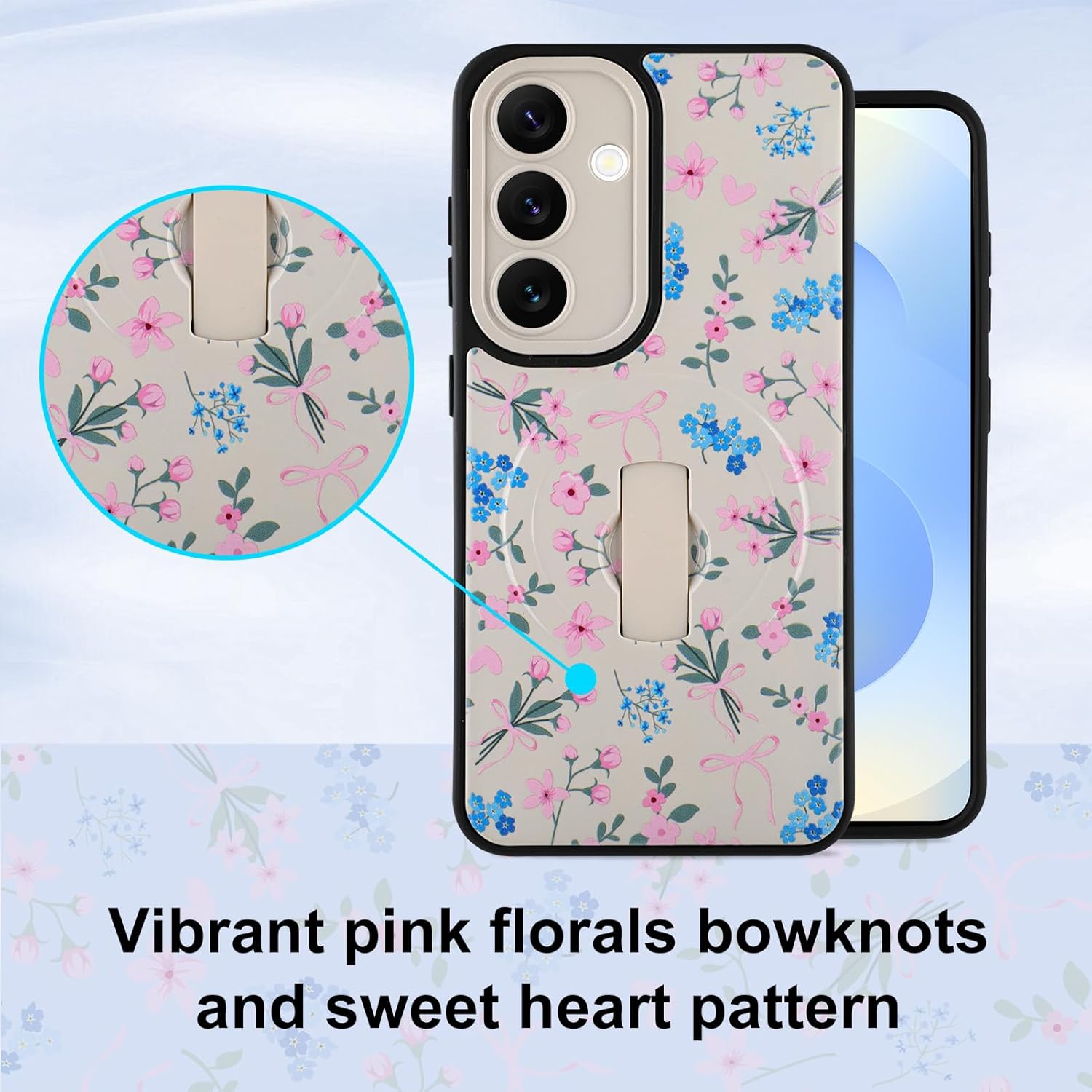 for Samsung Galaxy S25 Case, Finger Strap Kickstand[Compatible with MagSafe] Cute Pink Flower Heart Bowknot Print for Women Girls, Full Camera Protection Aesthetic Shockproof TPU,White