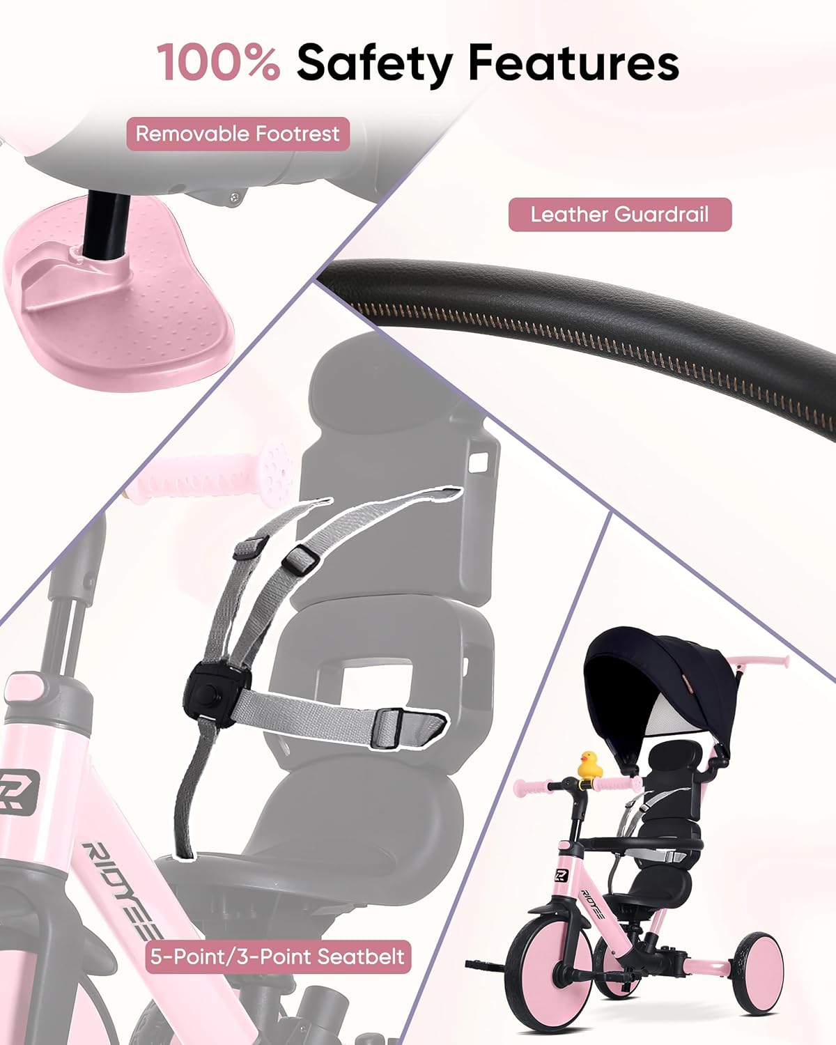 RIDYEE 8-in-1 Tricycle for 1.5-5 Years, Tool-Free Switch, Toddler Tricycle with Parent Steering Control Handle for 1.5 to 5 Yrs, Toddler Trike 1.5-3 Years with 5-Point Harness and Large Canopy, Pink