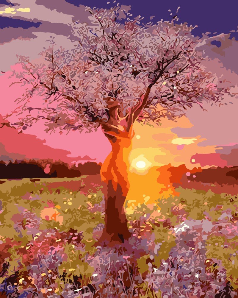 YEESAM ART Paint by Numbers for Adults Beginners Sunset Romantic Pink Beauty Tree 16x20 inch Linen Canvas Acrylic DIY Number Painting Kits Wall Art Decor Gifts — image 1
