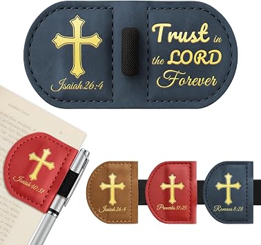 Personalized Bygone Mark Bookmark with Pen Holder - Magnetic Leather Bookmark,Inspirational Bible Verse Scripture Design, for Christian Book Lovers WomenBlue,Isaiah 264