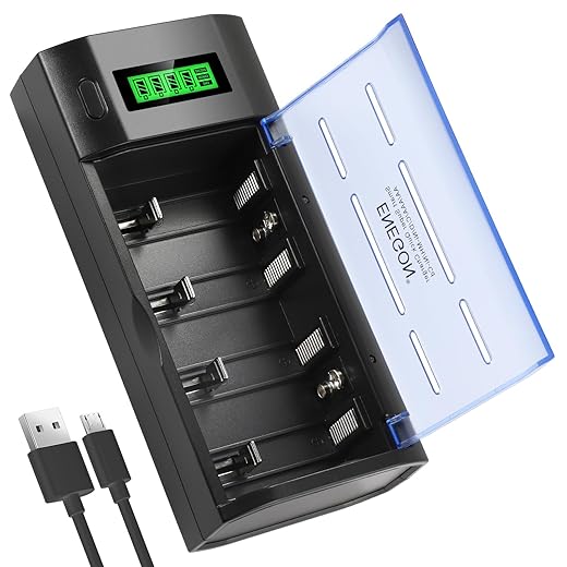 ENEGON Chargeur Universel pour Piles AA/AAA/C/D/9V NiMH/NiCD, avec Écran LCD, Fonction Décharge et 4 Logements (sans Adaptateur)