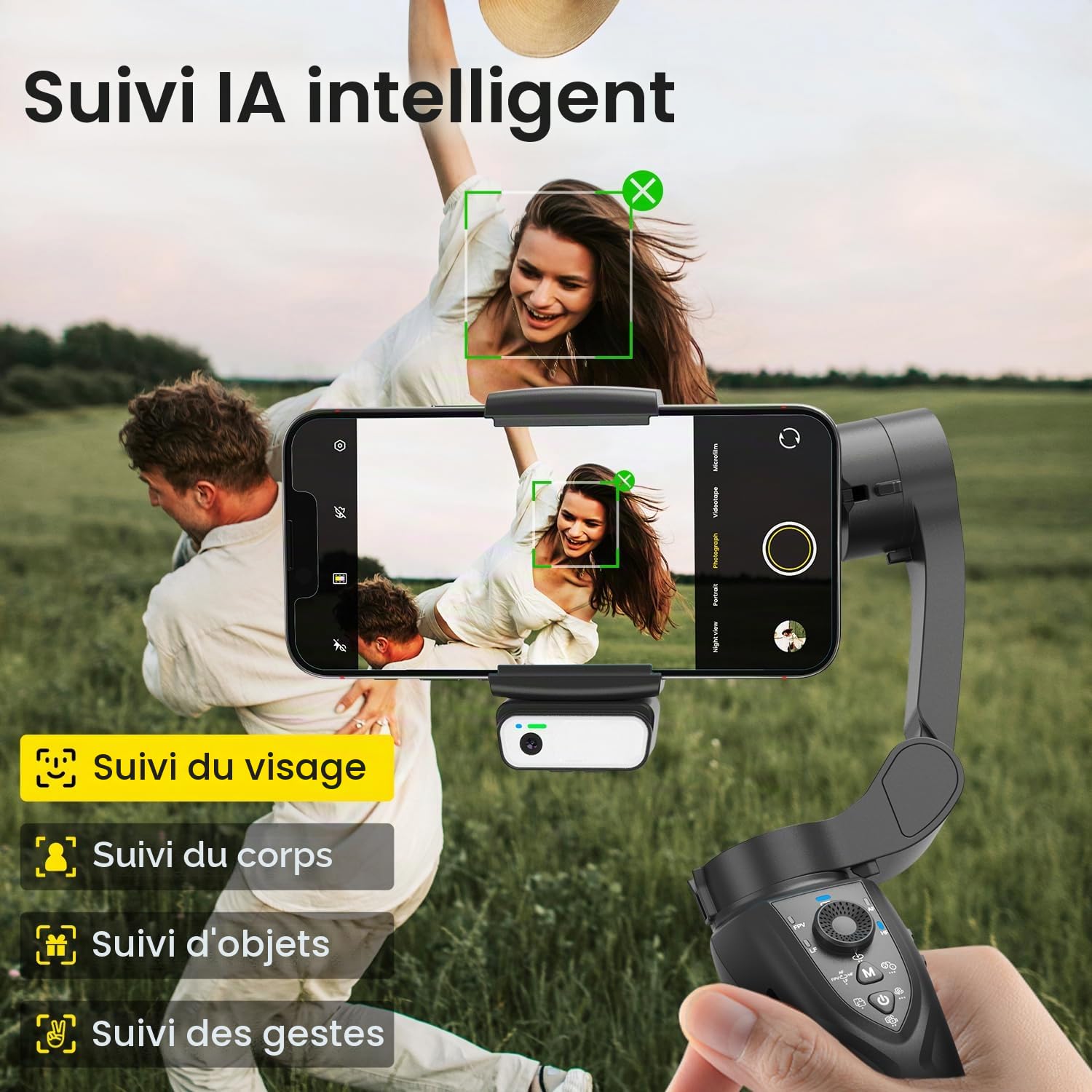 Stabilisateur Smartphone,AI Face Tracking 7.0,Gimbal Stabilisation 3 Axes,Contrôle Gestuel,Lumière Remplissage,Pliable&Portable pour Android/iPhone Vidéo,Vlogging,Youtube,TikTok