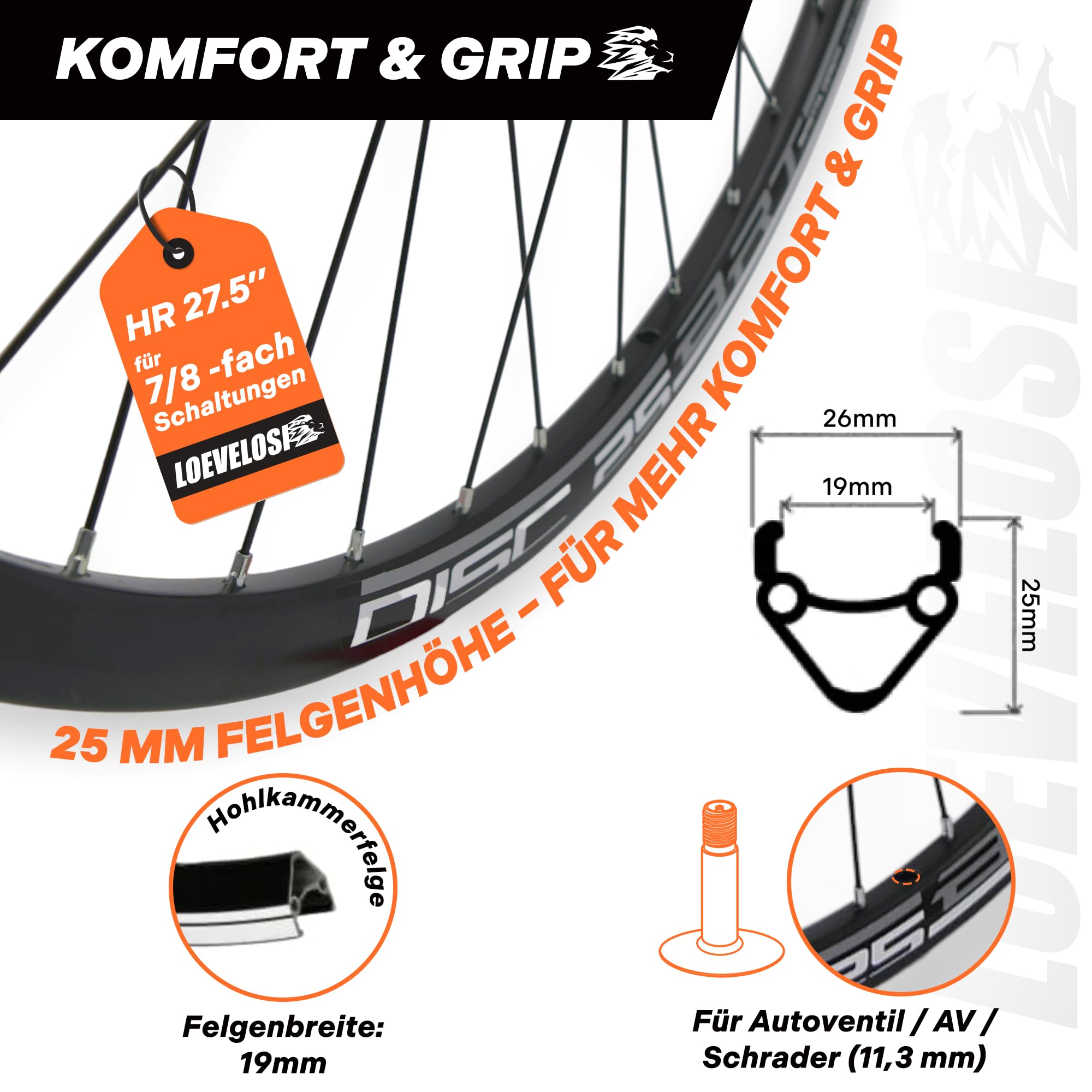 MTB Hinterrad 27,5 Zoll Fahrrad Laufrad - Scheibenbremse 6-Loch - QR 9/10×135 - Schraubkranz 7/8-fach – Alu Felge & Nabe - 36 Speichen - Schwarz - LOEVELOSI