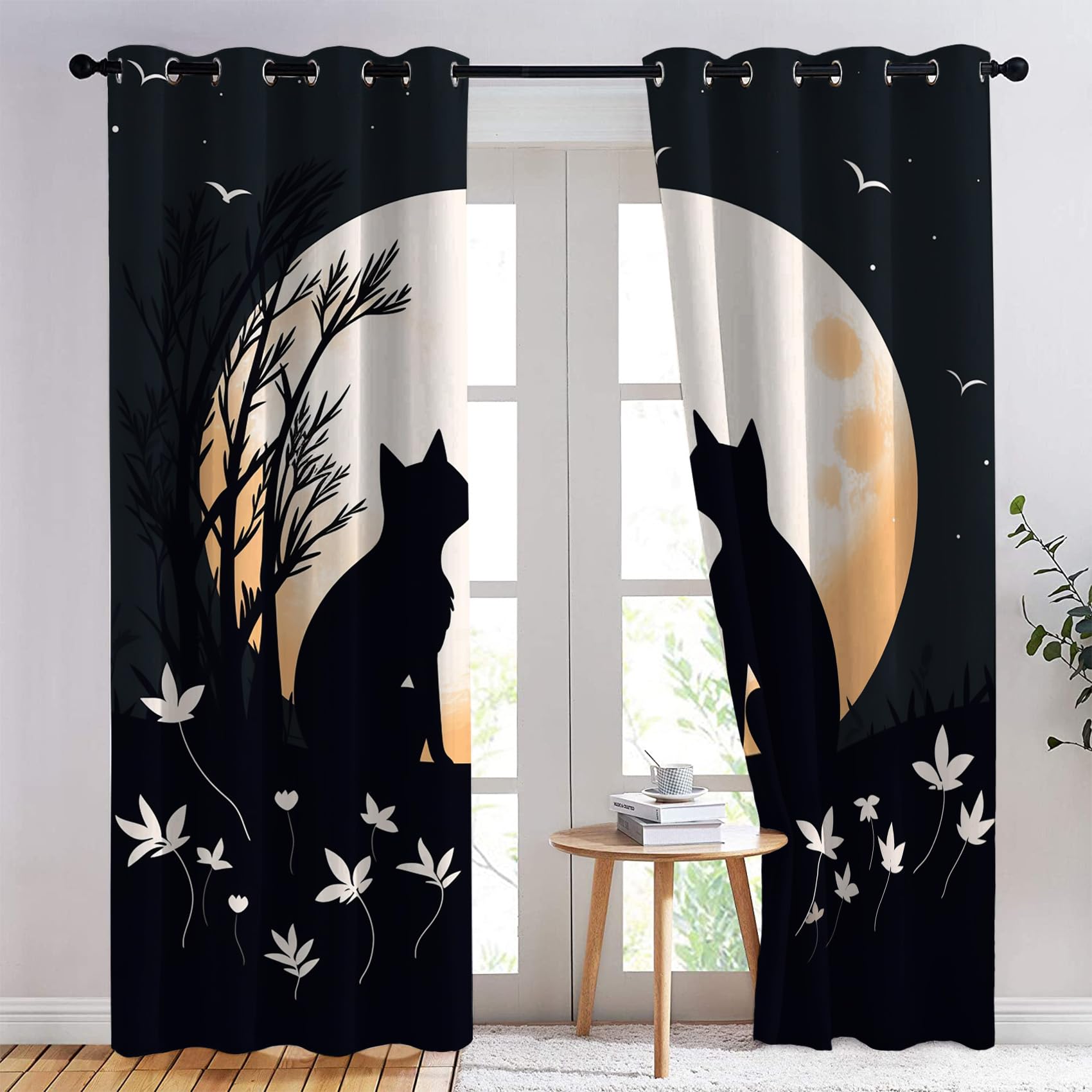 Cartoon Katze Vorhänge, Mondblume Verdunklungsvorhänge mit Ösen, Vorhang Blickdicht für Wohnzimmer Schlafzimmer Dekoration, Gardinen mit Muster, 2er Set, 137 x 117 cm (HöhexBreite)