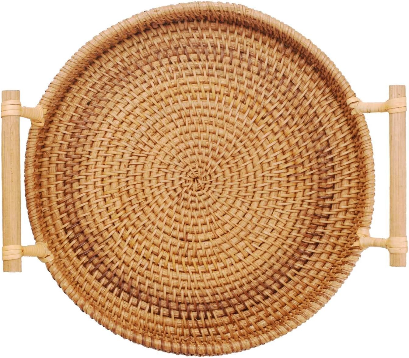 Round Rattan Trays for Serving Bread Basket with Handles for Tea Coffee Drinks Natural 22cm