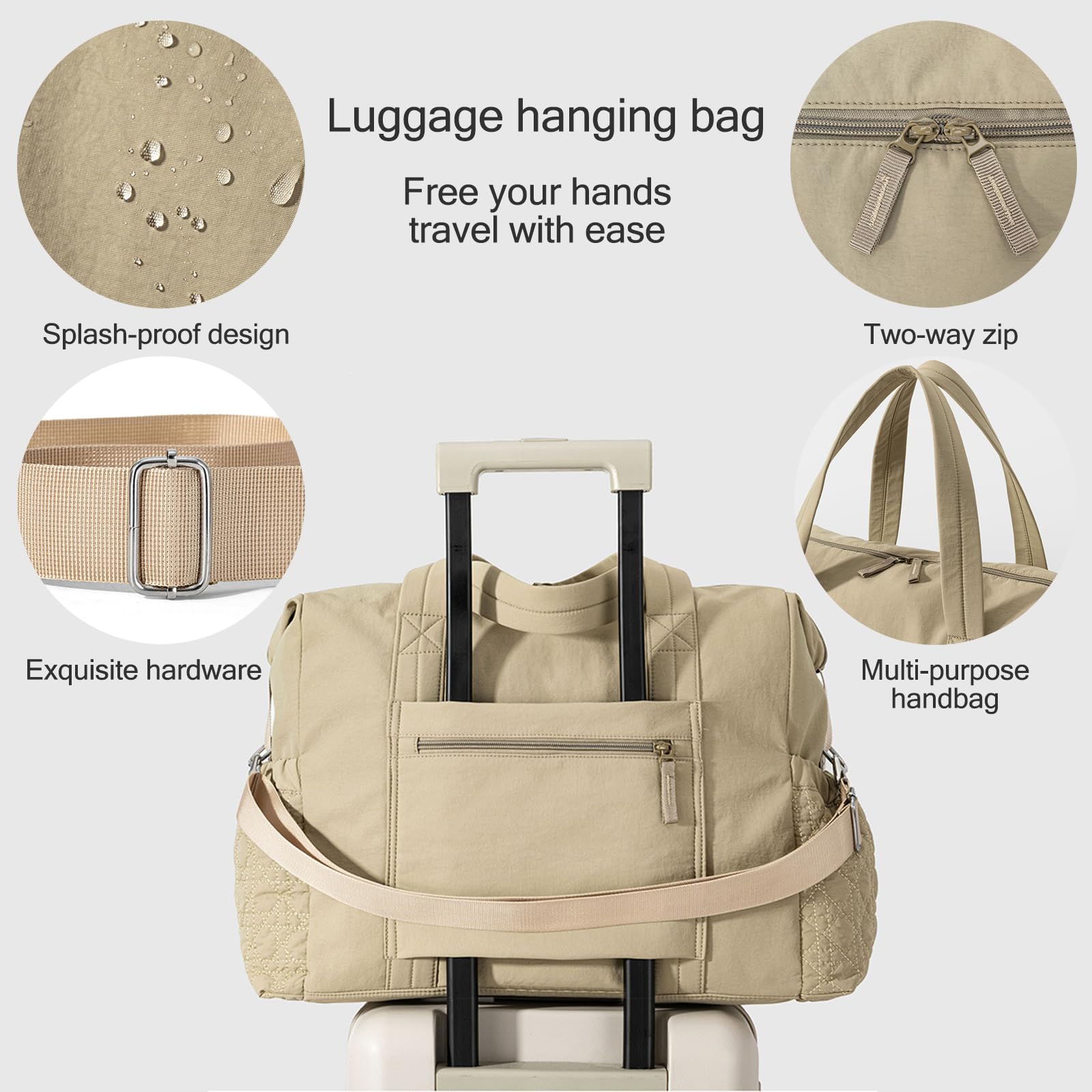 Damska torba podróżna, pojemność 40 l, bagaż podręczny, wodoodporna, torba szpitalna, lekka, na podróż samolotem, nocowanie i weekendowe wycieczki, khaki, Czech