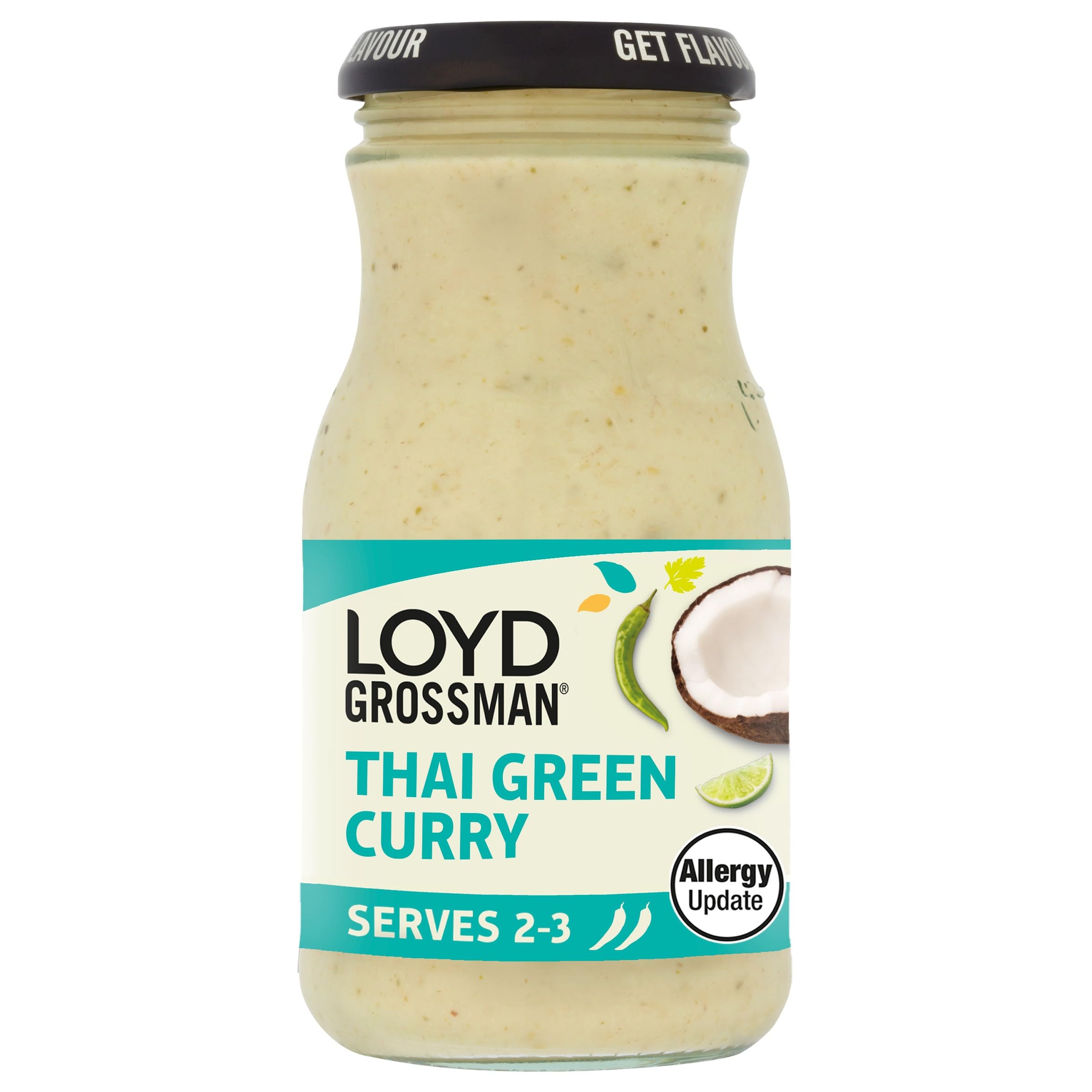 Loyd Grossman Thai Green Curry Sauce – Coconut Cream, Lemongrass & Coriander, Medium Heat, 350 g Jar (Pack of 1)