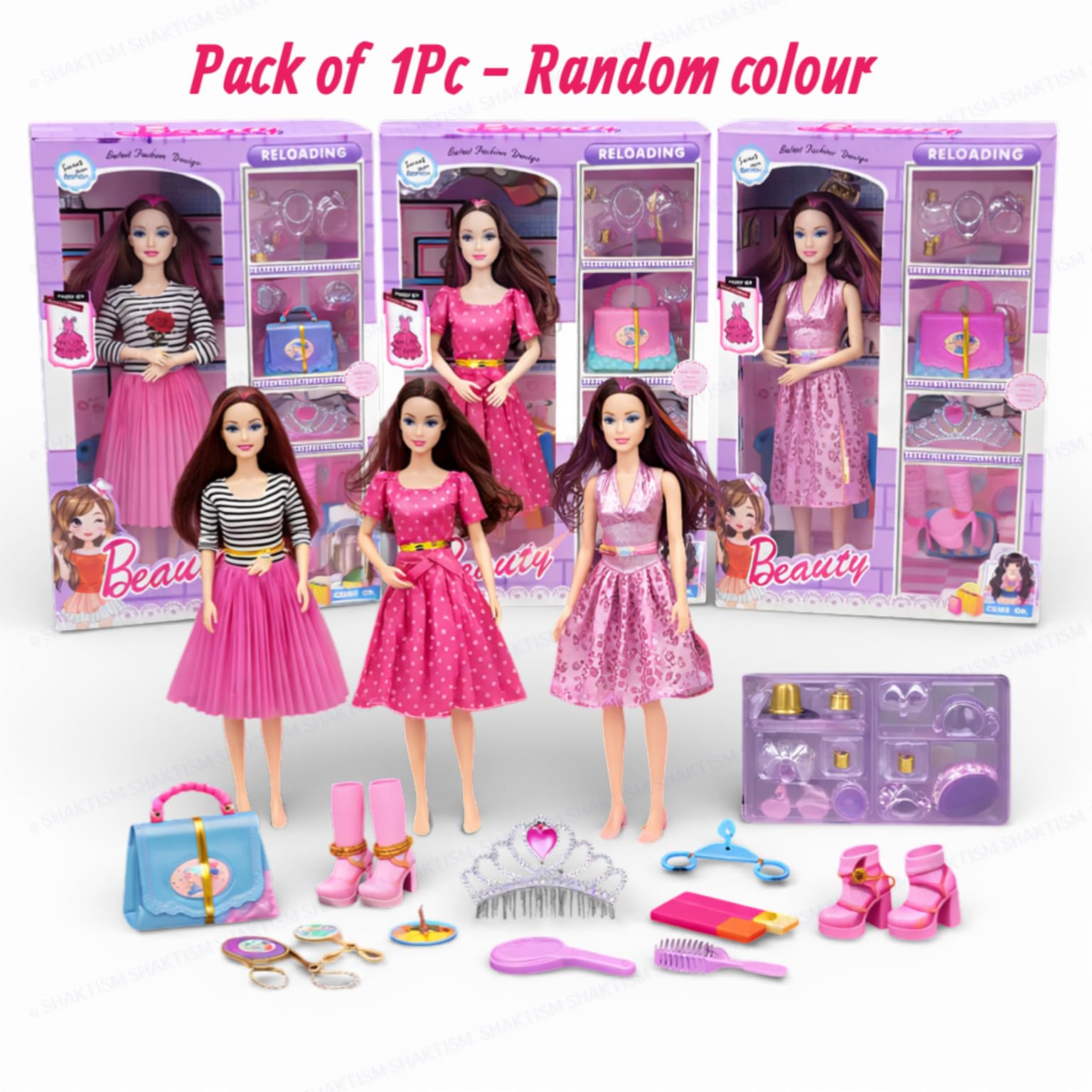 SHAKTISM Beauty Doll Set for Girls with Makeup, Dress, Accessories, Wardrobe Closet, Hangers, Necklace, Multicolor, 3+ Years - Random Colour - 1Pc 2