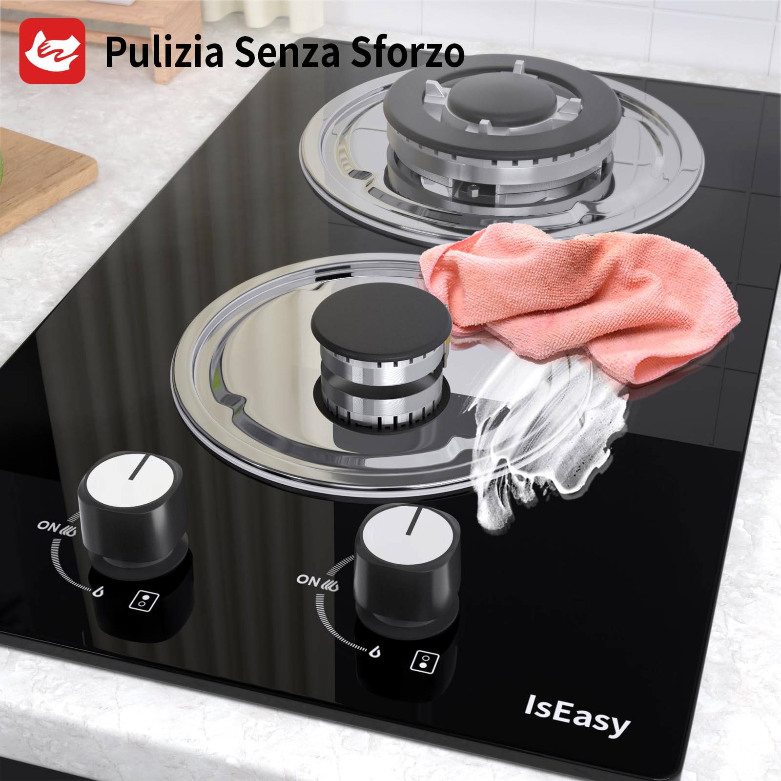 IsEasy Placa de Gas 2 Fuegos Negro, Encimera de Gas Butano/Natural/Propano,4300W, 31 cm, Cocina Empotrable,Cristal Negro