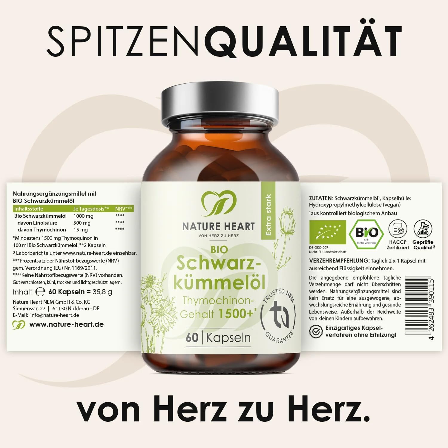 Nature Heart Schwarzkümmelöl 3 Stück – 180 Kapseln | 1500+ Thymochinongehalt, hochdosiert, kaltgepresst, vegan, ohne Zusatzstoffe
