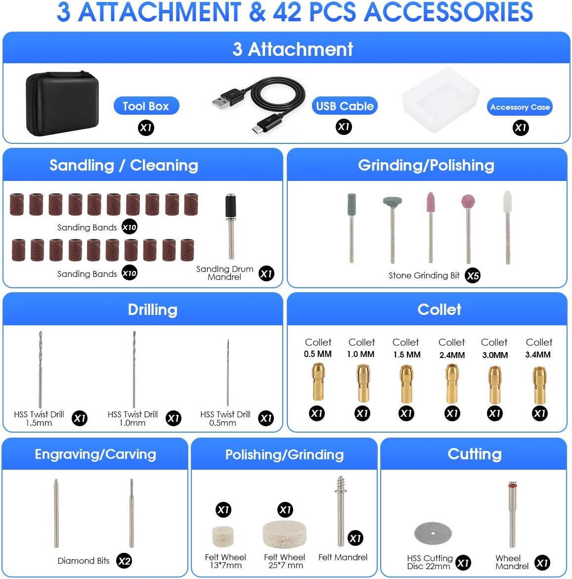 BYWOKY Cordless Rotary Tool, 3.7V Li-ion Mini Power Rotary Tool 5-Speed with 2.0 Ah Battery, Front LED Lights and 42pcs Accessories Kit for Drilling, Carving, Engraving, Sanding, Polishing and Cutting - - 