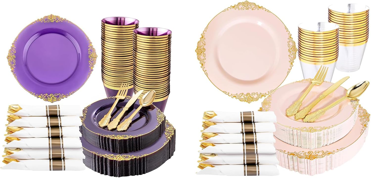 Nervure 175PCS Purple & Pink and Gold Plastic Plates & Pre Rolled Napkins with Plastic Cutlery for 25 Guests-Purple Disposable Plates, 75 Gold Plastic Silverware, 25Cups, 25Napkins for Wedding & Party