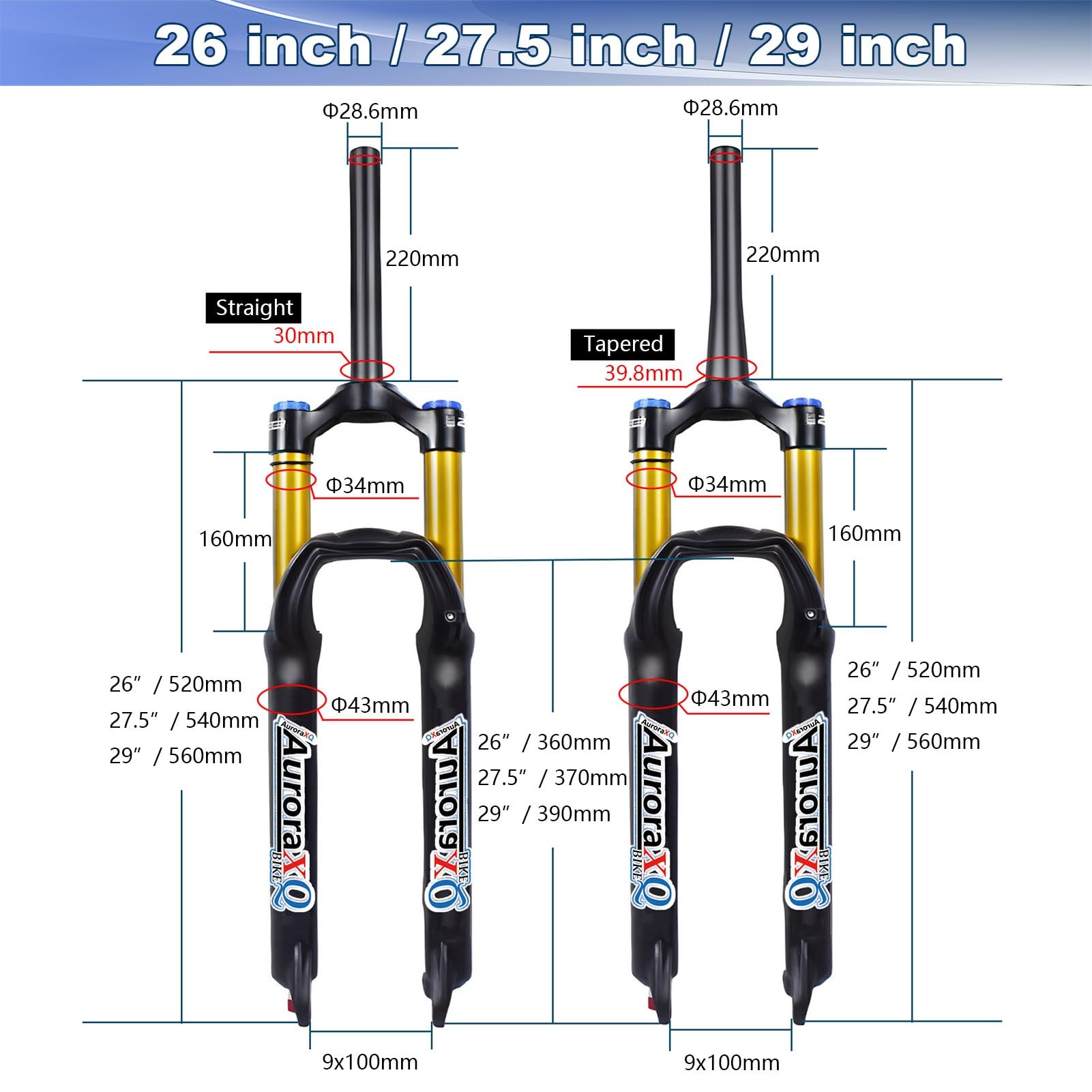 Horquilla de suspensión XQ de 26/27,5/29 Pulgadas, 160 mm de Recorrido, Ajuste de Rebote QR de 9 mm, 1-1/8" de sección Recta/cónica, Delantera para MTB XC.