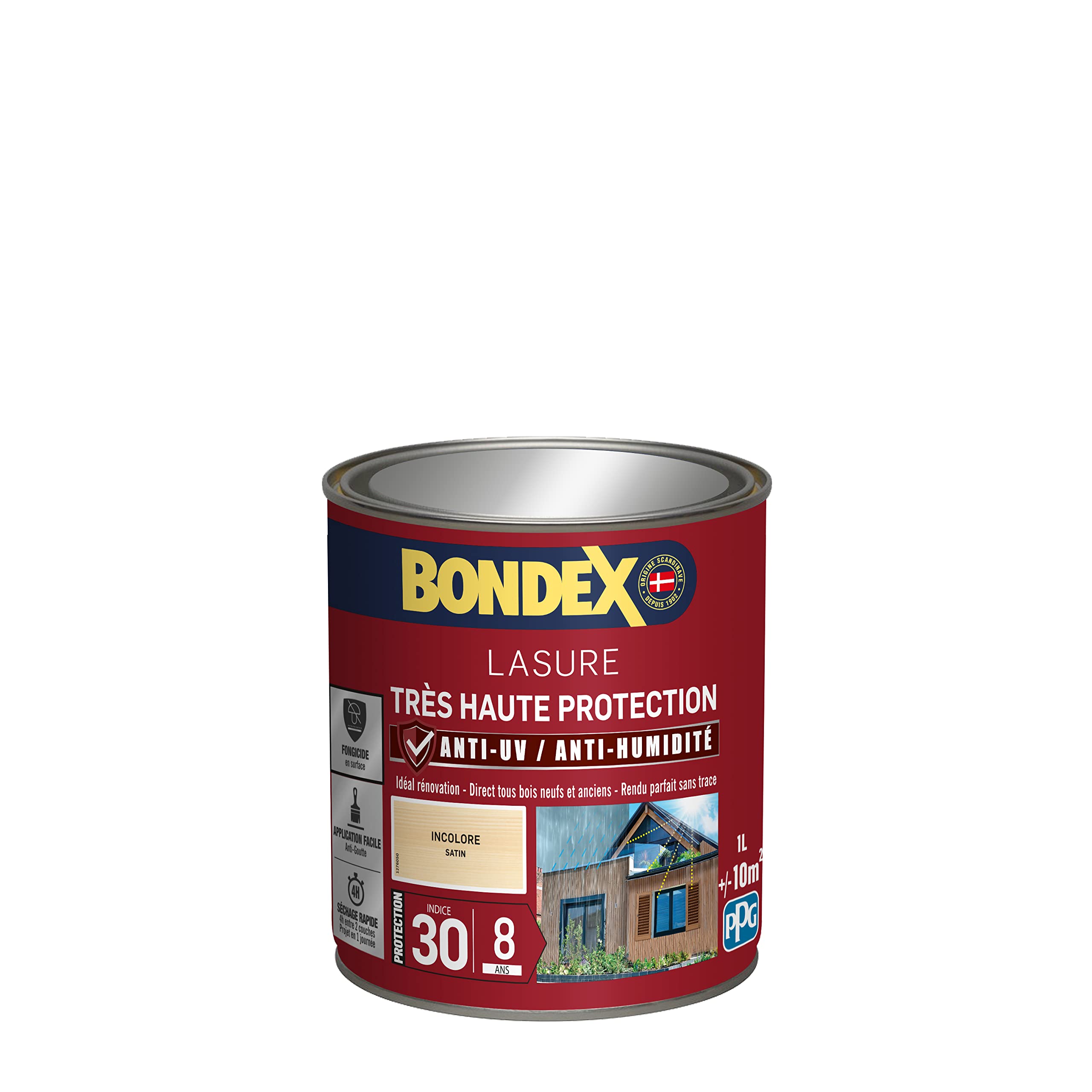 BONDEX Lasure 2 en 1 Très Haute Protection 8 Ans Extérieur Incolore 1 L | Lasure Bois Très Longue Durée, Très Haute Protection, Bondex, Expert du Bois, Extérieur, Satin