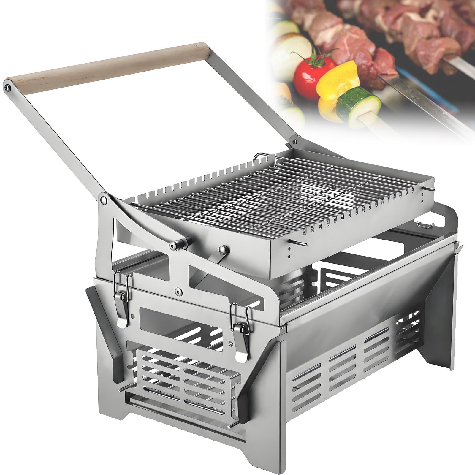 Braciere Barbecue a Carbone con Griglia Rimovibile e Manico in Legno | Il movimento di spinta e trazione consente di girare gli alimenti senza motore, batteria o collegamento alla rete elettrica.