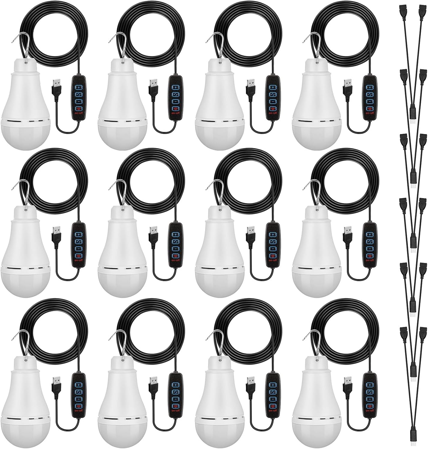 12 Pcs USB Light String LED Portable Light Bulb Rechargeable USB Strip Camping Lantern with Splitter Cable for Camping Porch Backyard Garage Warehouse Truck Fishing Boat