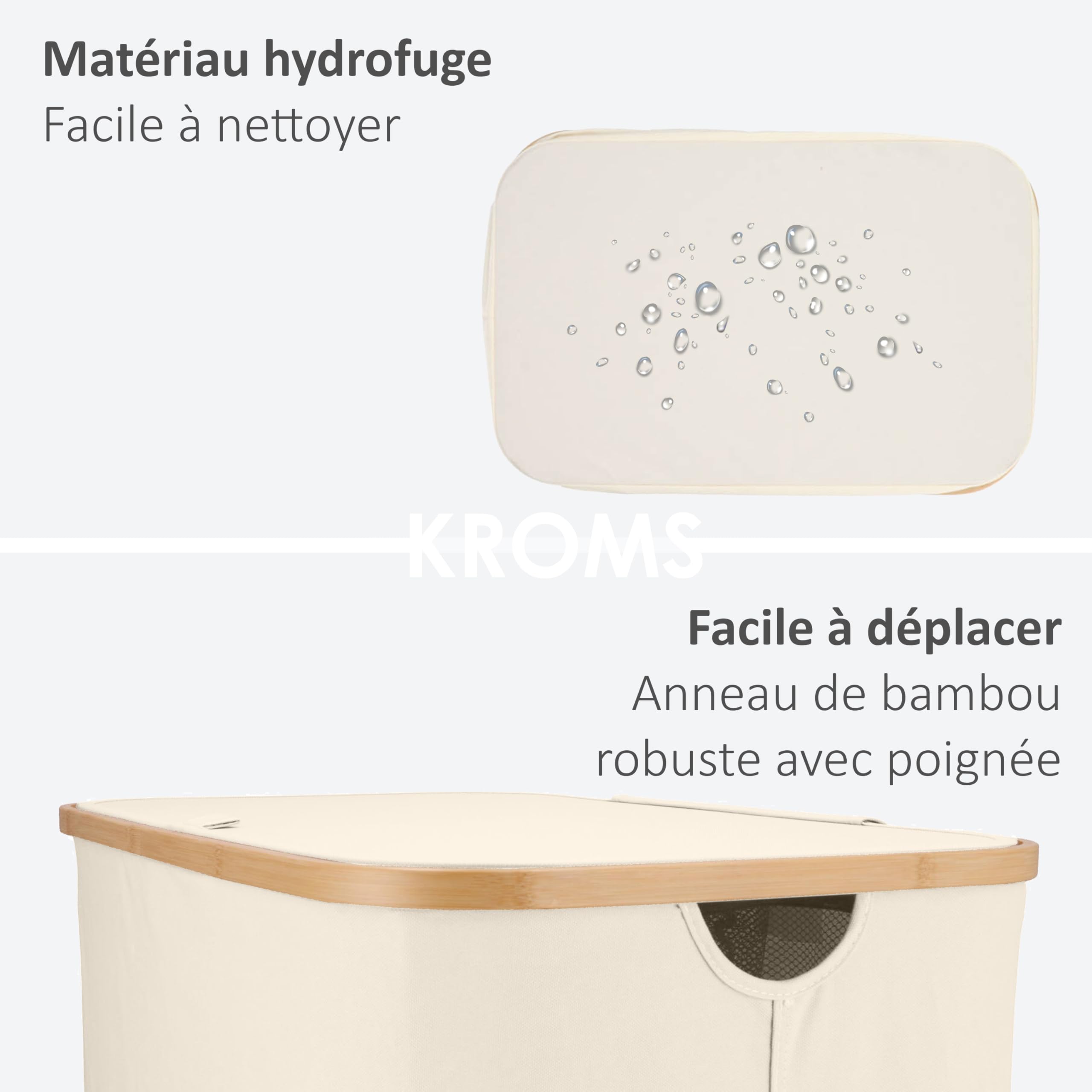 Panier à linge 3 compartiments pliable 145L - Beige – Bac à linge bambou – Panier a linge pliable – Panier rangement buanderie – Bac a linge 3 compartiment