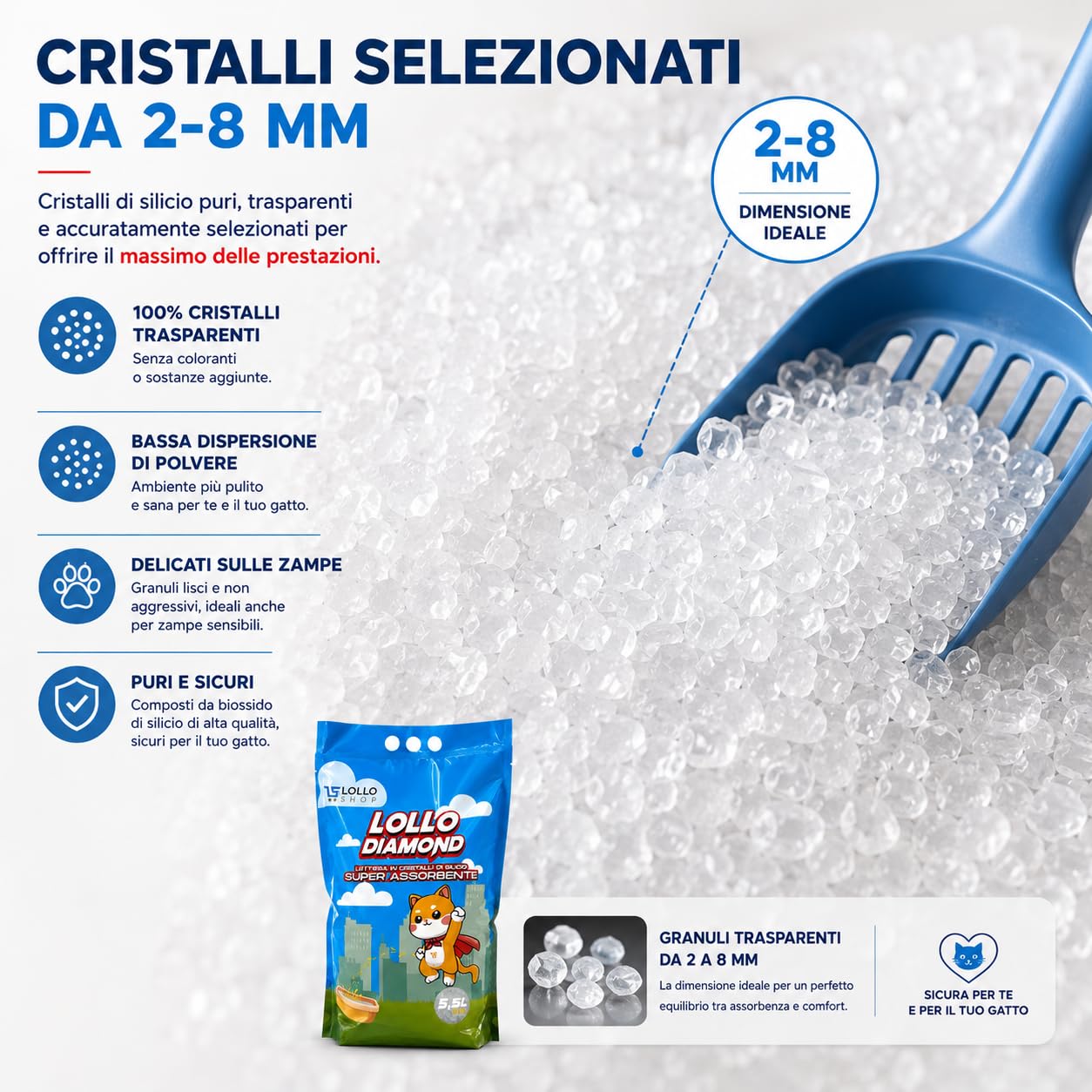 Lollo Diamond Lettiera Gatti in Cristalli di Silicio, 8 x 5,5 L, 44 Litri | Alta assorbenza, controllo degli odori e bassa polverosità; granuli delicati, ideali anche per case con più gatti