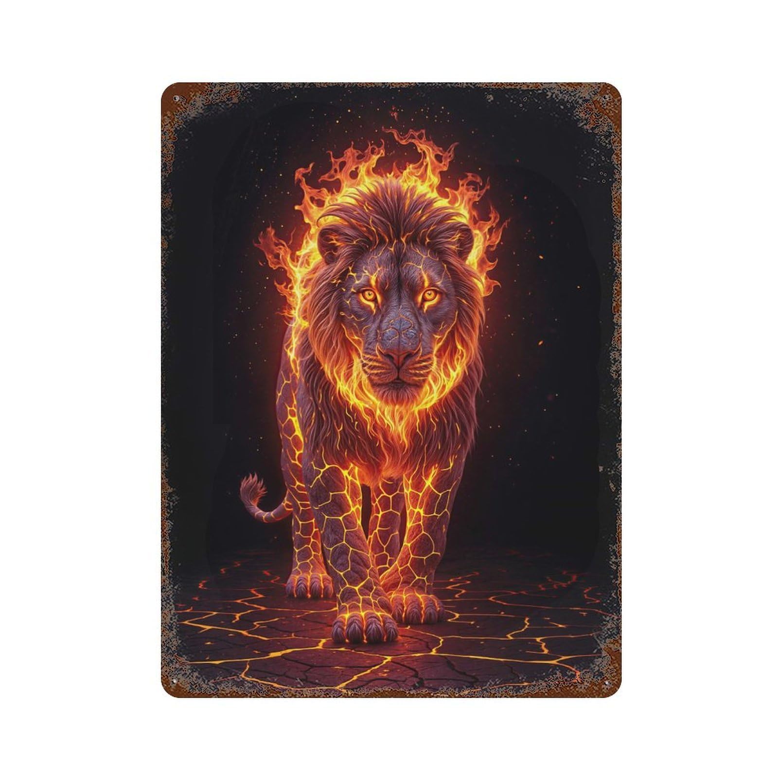 Volcanic Fiery Lion Distressed Metal Wall Sign 15.7"x11.8", Ideal for Cafe, Home Bar And Lounge Decor