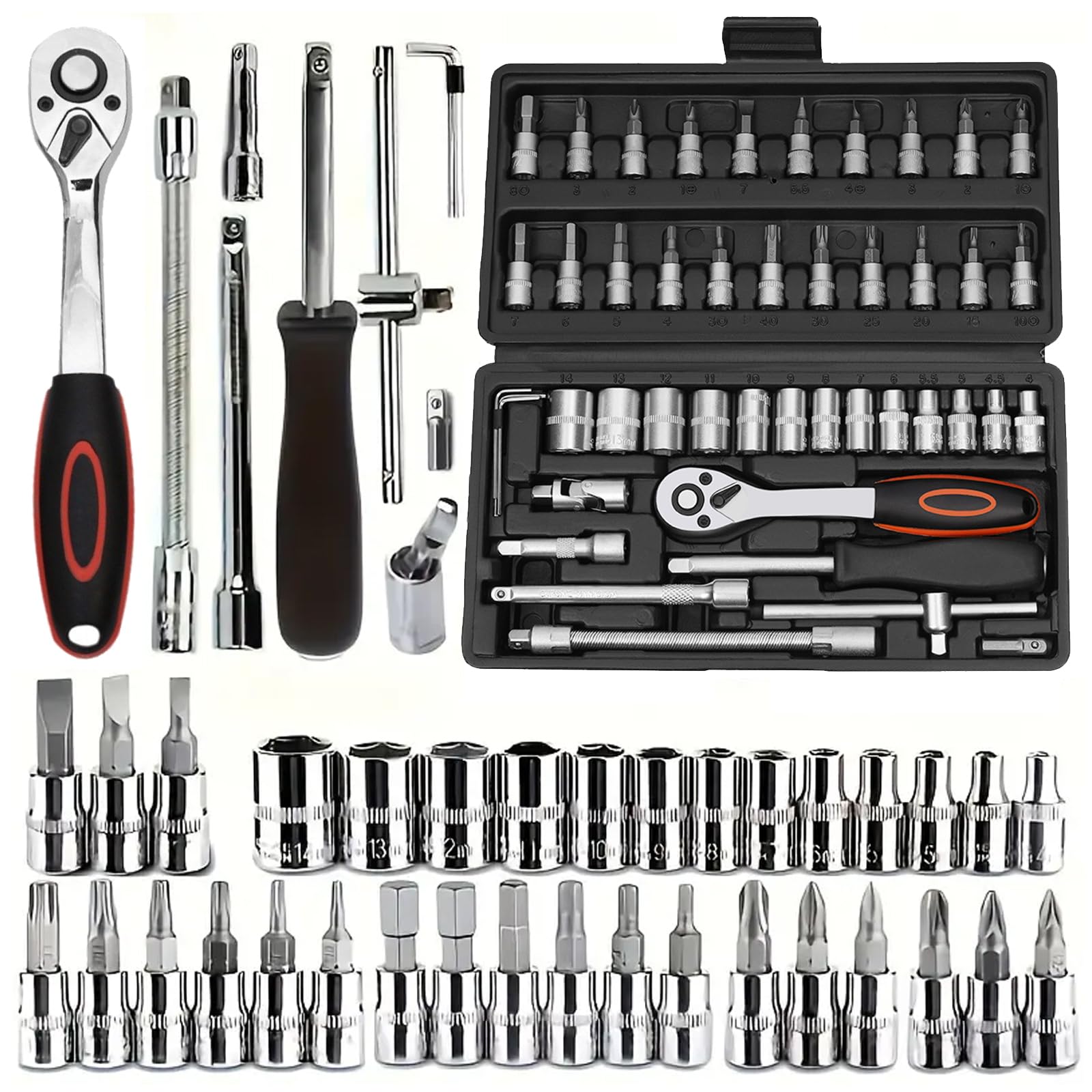 46 Pieces 1/4" Drive Socket Wrench Set with 72-Tooth Pear Head Ratchet Socket Ratchet Torque Wrench Extension Bar Drill Bits Automobiles Repair Tools Kit Multifunction Repair Hand Tool Kit (Style 1)