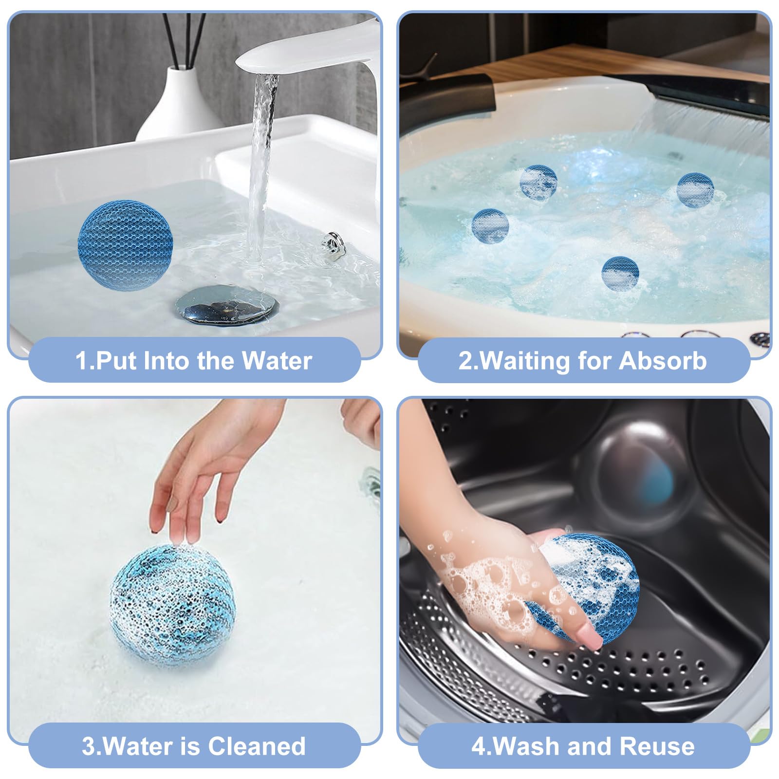 Hot Tub Scum Absorber,6 Pack Reusable Scum Balls Scum Eliminating,10cm Hot Tub Accessories for Spas,Washable Oil Absorbing Sponge Cleaner for Swimming Pools Bathtubs - Image 3