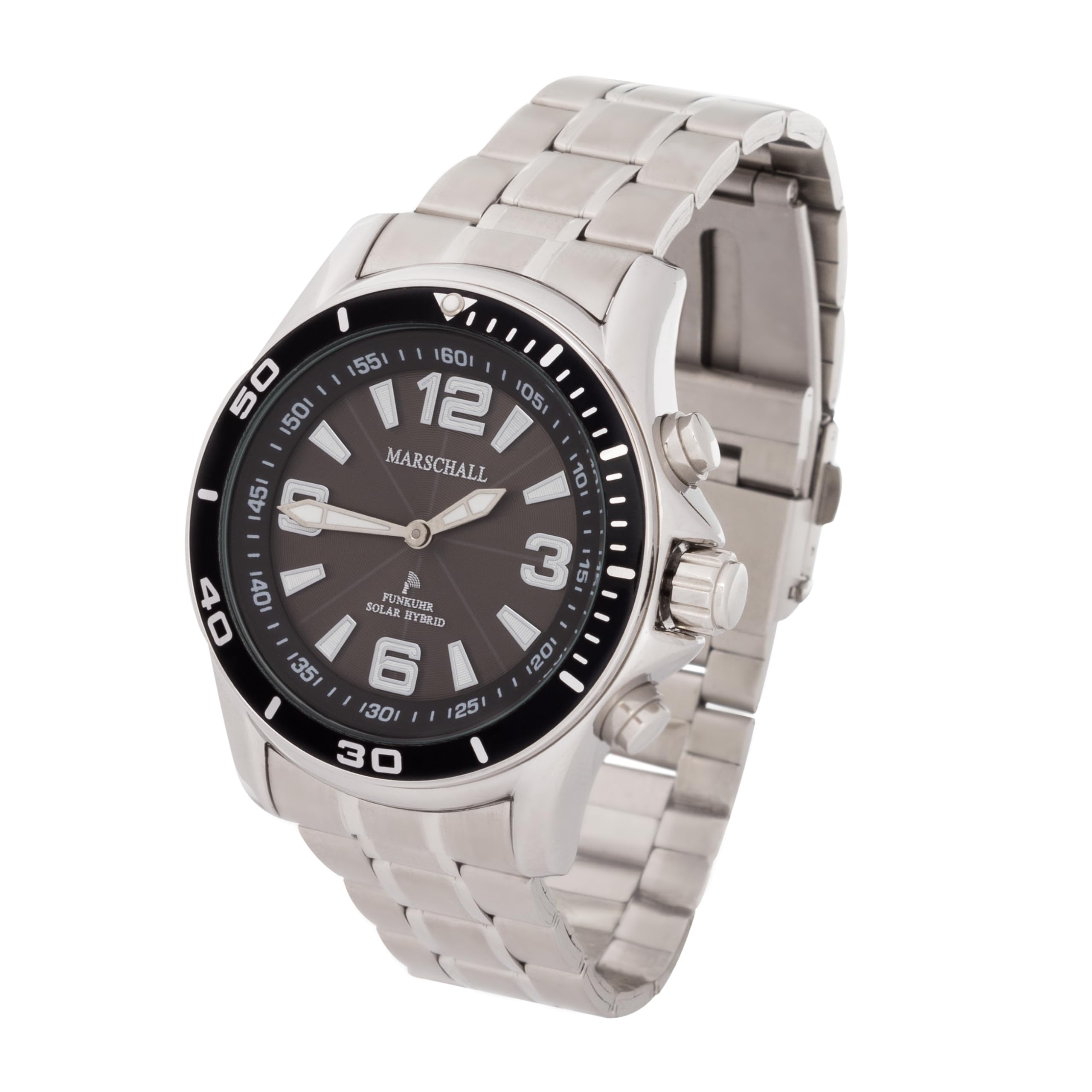 Marschall Deutsch sprechende Herren Armbanduhr I Mit Solarpanel I 1146s I Funkarmbanduhr I Für Blinde, Senioren und Demenzkranke I Datum- und Zeitansage I Vario-Edelstahlarmband