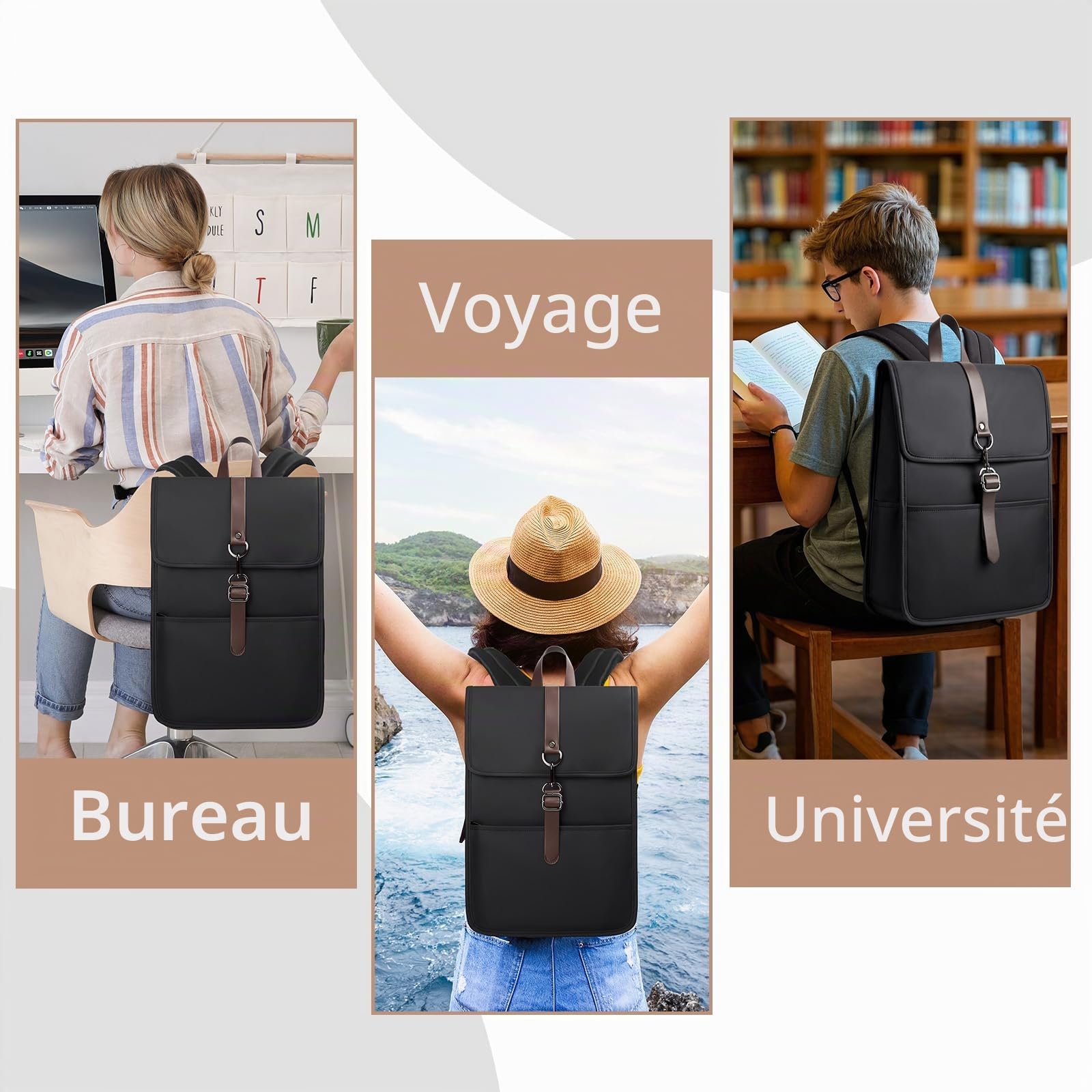 Sac à Dos Ordinateur 15.6 Pouces avec Port de Charge USB, Cartable Élégant pour le Travail, l'Université, les Cours, les Loisirs et les Affaires, pour Hommes et Femmes (14L) - Noir
