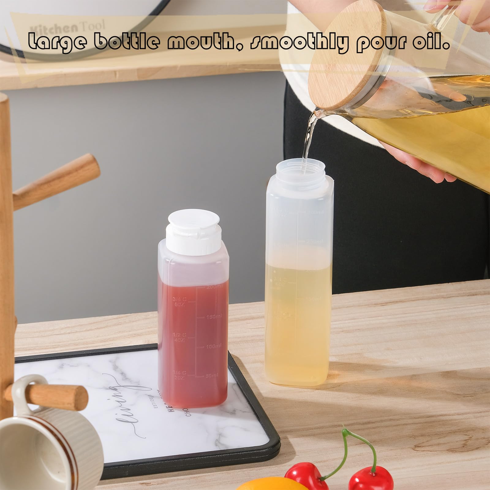 Paquete de 6 botellas exprimibles para salsas, botellas de salsa picante invertida de 8 onzas para líquidos, botellas de aderezo de ensalada con válvula de silicona abatible