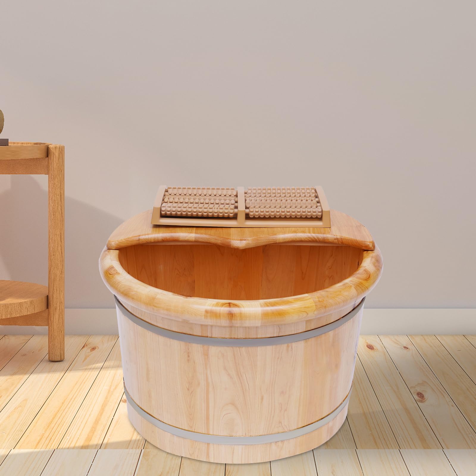 banborba Wooden Foot Basin Set with Massager and Lid, Solid Cedar Wood Foot Tub, Foot Bath Bucket, Pedicure Barrel for Foot Bath, Soak, Massage, Spa, Sauna