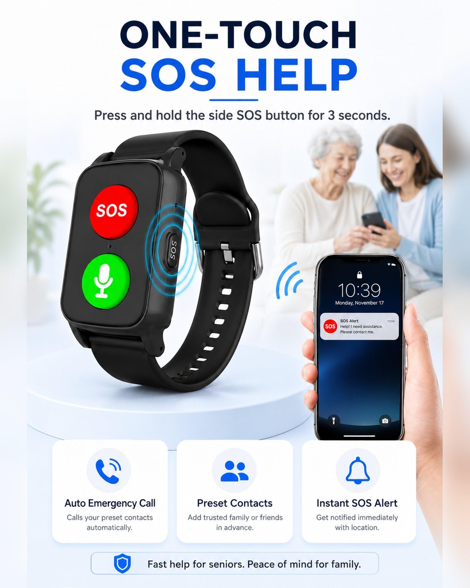 Reloj Localizador GPS para Personas Mayores con Ubicación en Tiempo Real, SOS, Detección de Caídas, Llamadas Claras y Datos de Bienestar