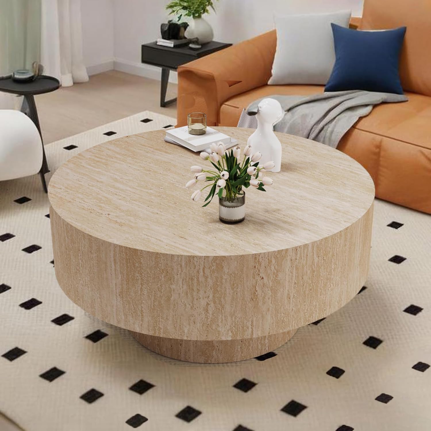 Travertine Round Coffee Table 30" Round Travertine Veneer Coffee Table Mid Century Modern Small Circle Drum Coffee Tables for Living Room (A, 30 inch)